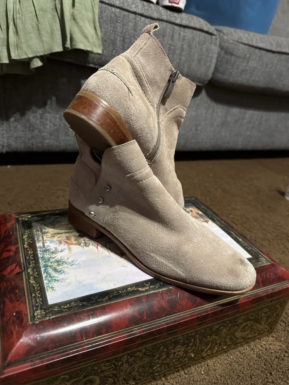 Women’s Suede Ankle Boots in Light Beige - Side Zip
